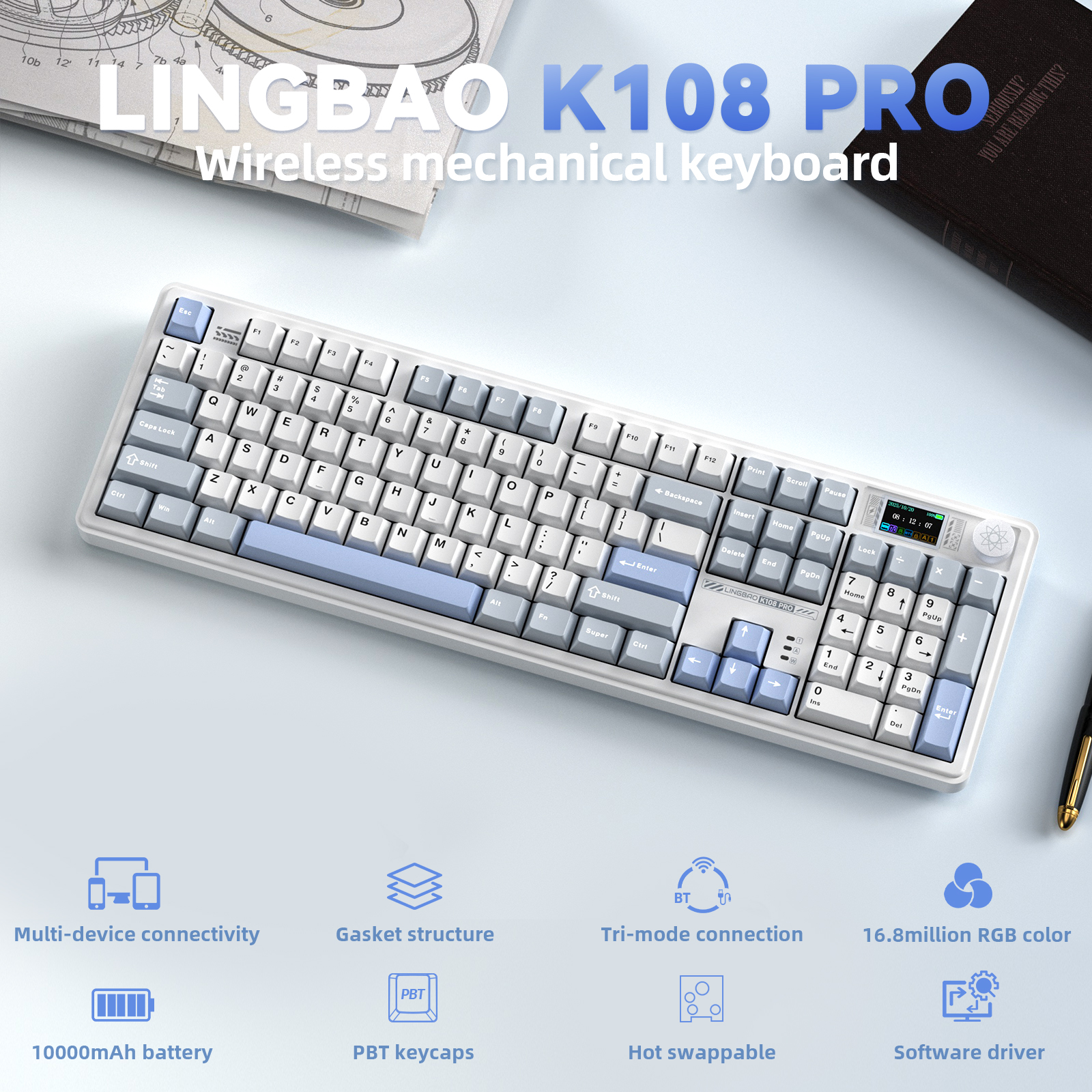 Gaming Keyboard Thocky - LINGBAO K108pro Mechanical Keyboard Tri-mode Korean